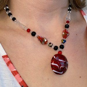 Red and Black Necklace Large Glass Penny Bead Centre
